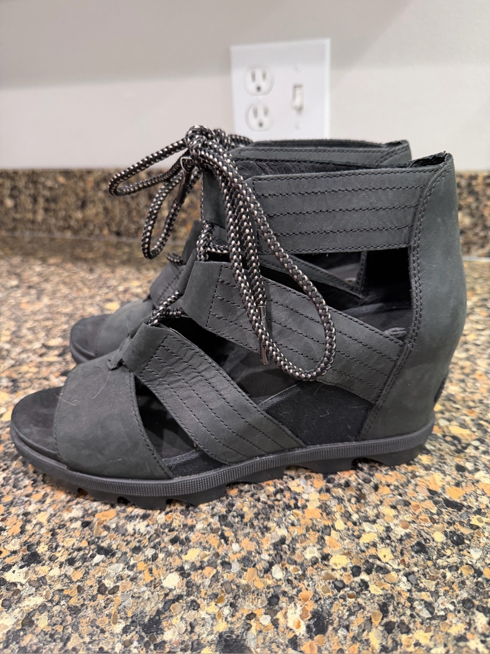 Sorel Black Lace-Up Wedge Sandals with Cutout Straps 8.5